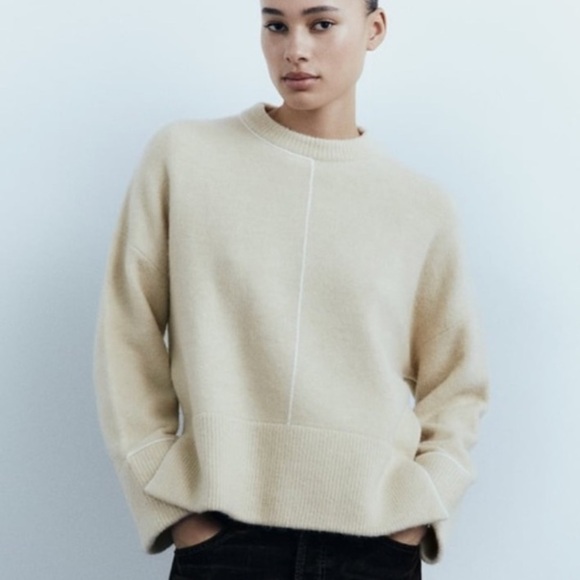 ZARA CREAM KNIT SWEATER WHITE PIPING XS WOMENS - Picture 1 of 8